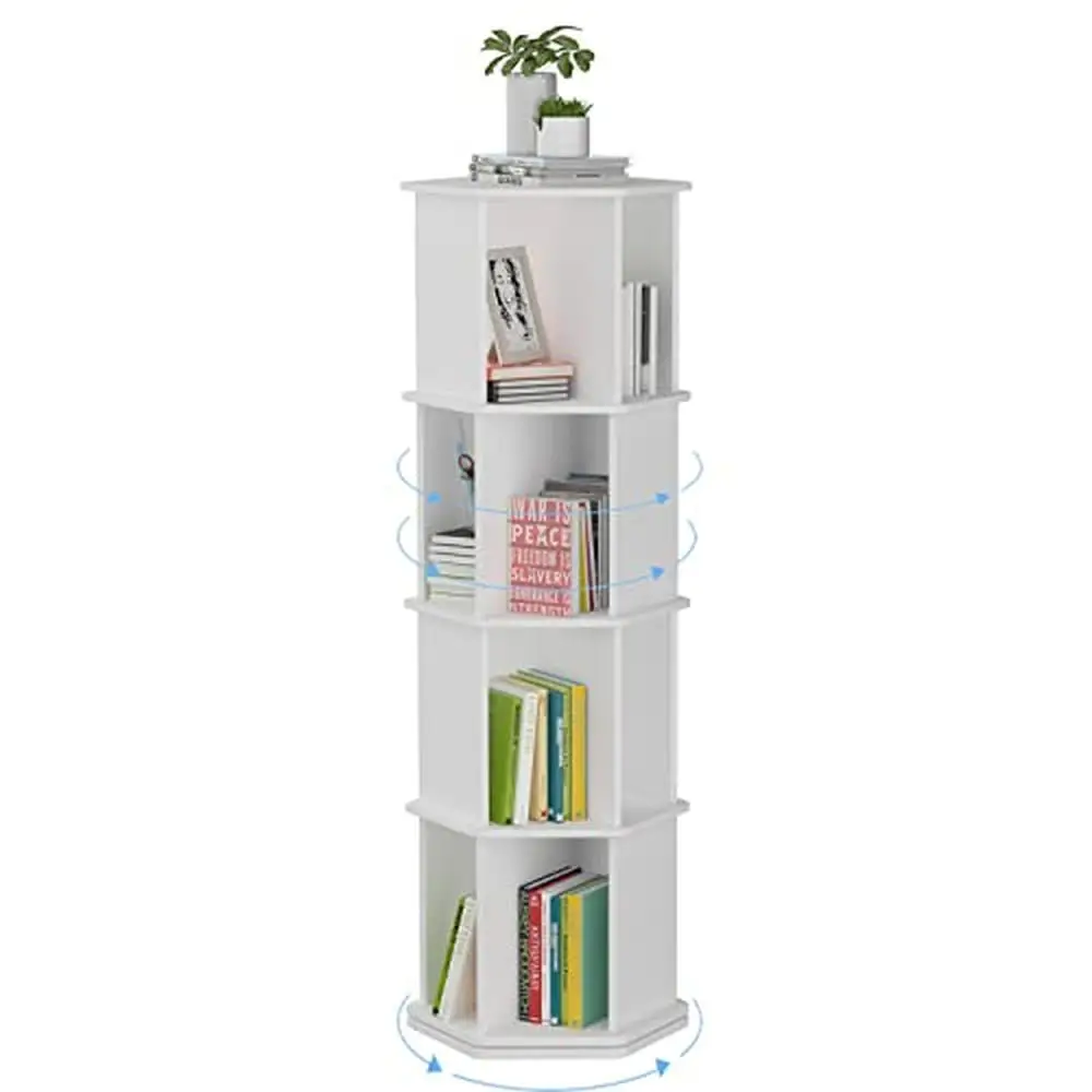 

4 Tier Wooden Rotating Bookshelf Tower 360 Display Swivel Corner Floor Standing Rack Space Saving Stackable Modern Design Office