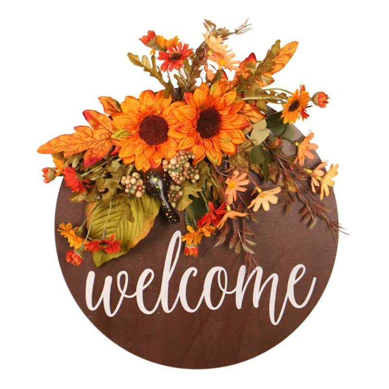 Wooden Door Hanging Sign Entrance Wall Decor Hanging Farmhouse Welcome Sign Autumn Sunflower Door Panel Hanging Decoration