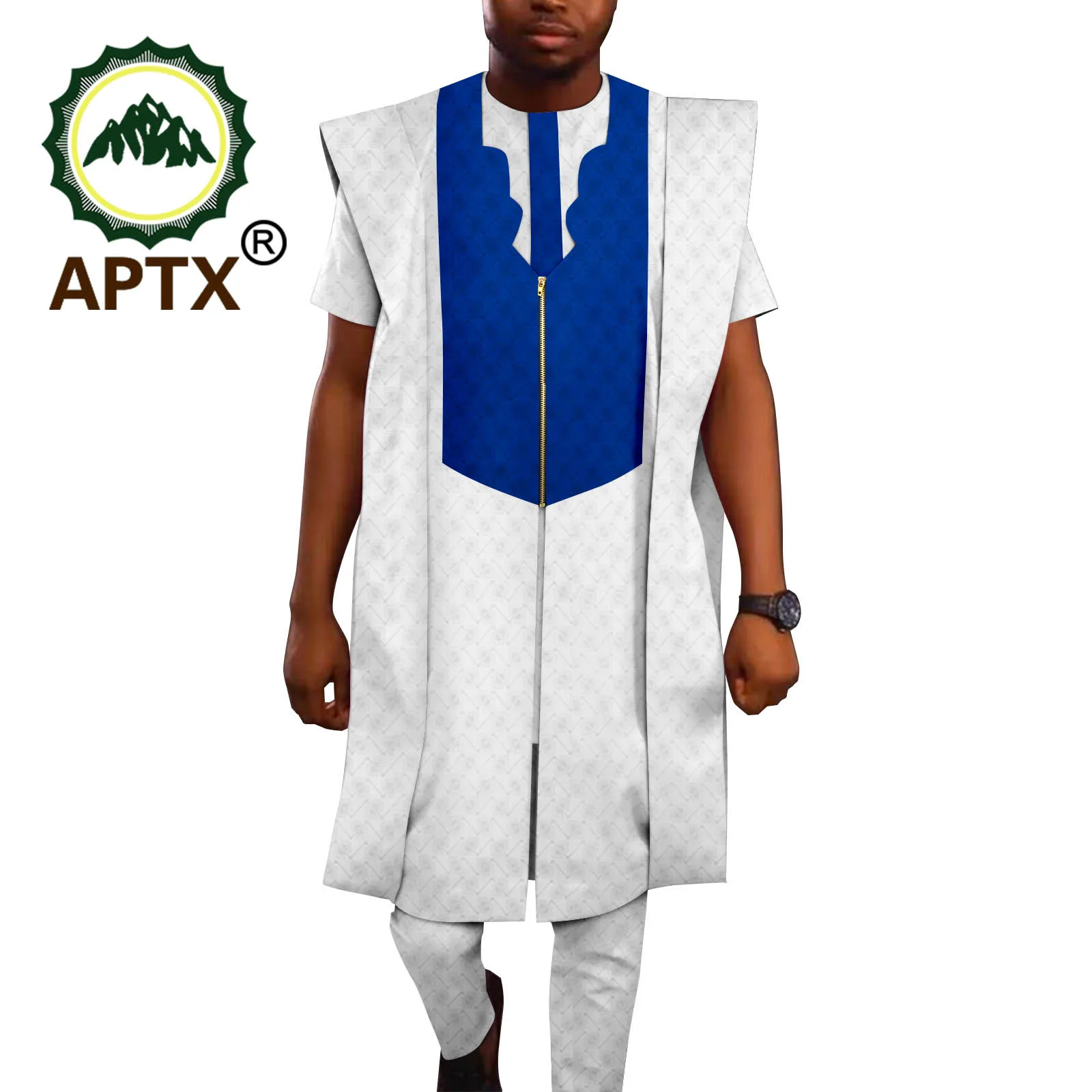 African Men's Suit Embroidered Agbada Robe Short Sleeve Top Pants 3 Piece Traditional Muslim Wedding Men's Set A2216092