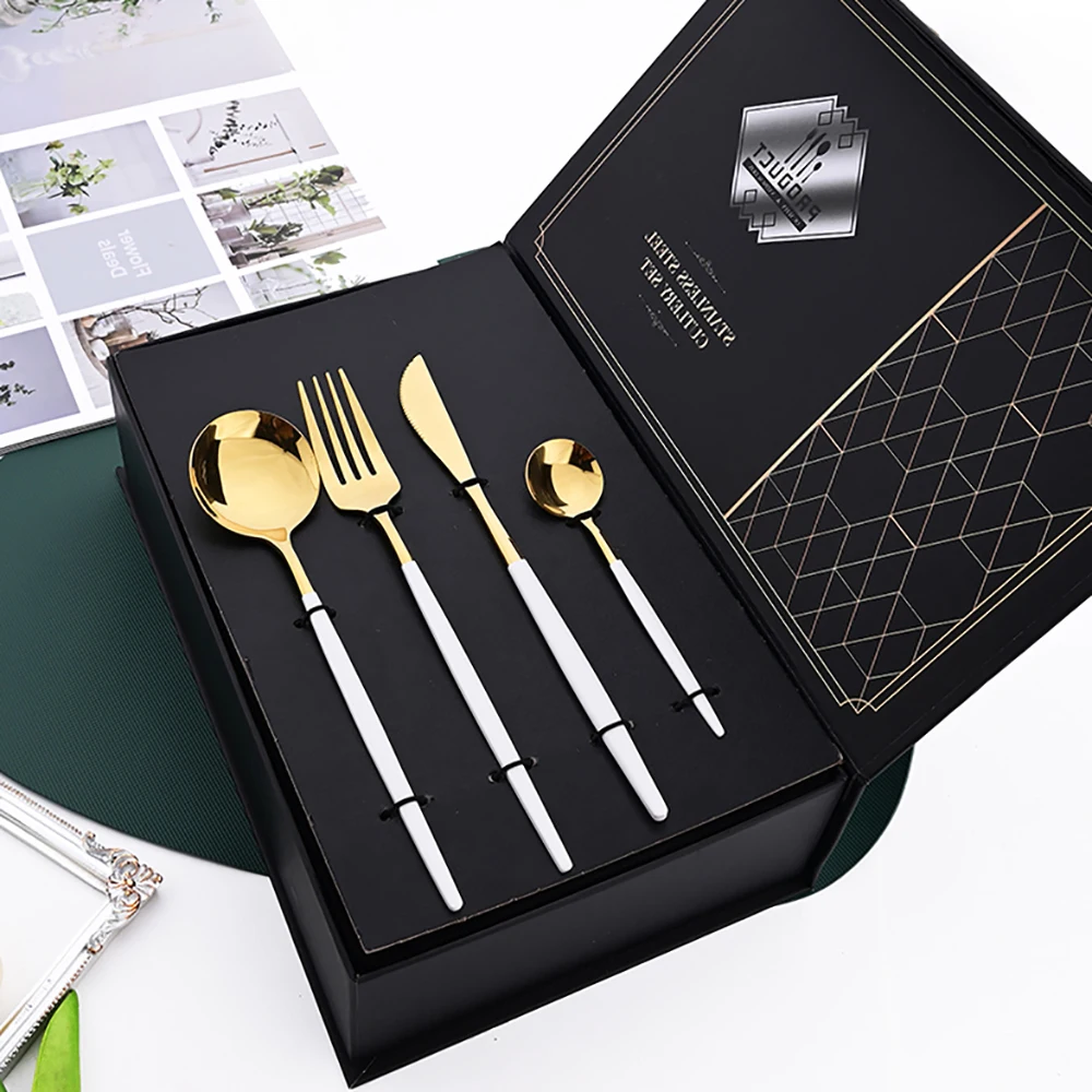 

24pcs White Gold Dinnerware Set Stainless Steel Cutlery Set Knife Fork Spoon Flatware Kitchen Complete Gift Box Tableware Set