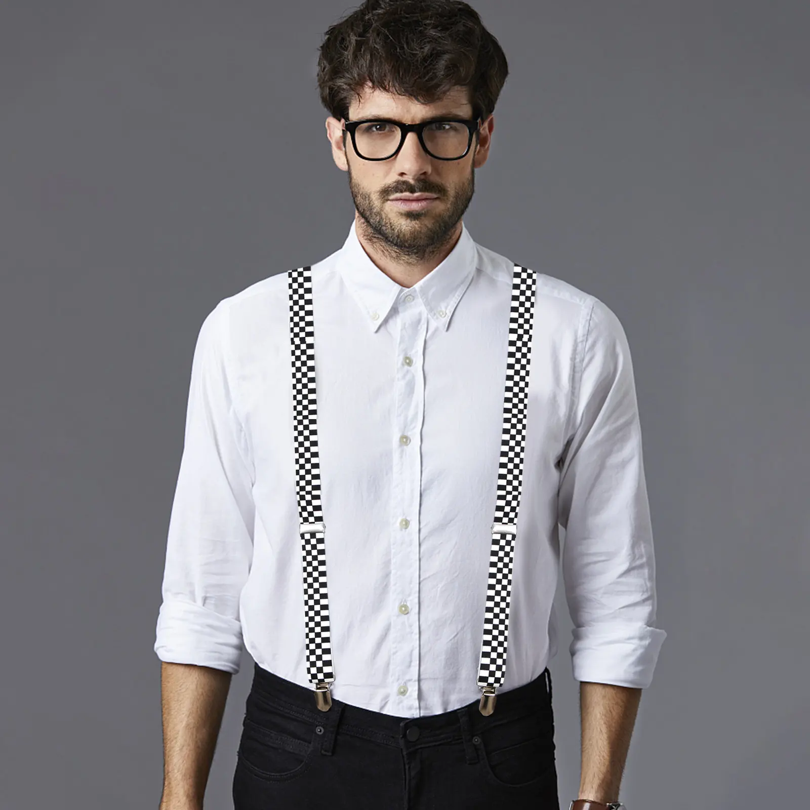 

Checkered Y-Back Suspender Black White Elastic Adjustable Clip-on Braces Casual Formal Stylish Clips Checkered Suspender