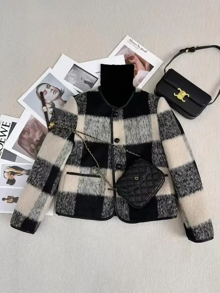 Dicker, kleiner, duftender Stil, Jacke für Damen, neuer kariertes Woll-Kurzmantel, Herbst-Winter, Damenjacke mit einreihiger Knopfleiste, junger Hals, Jacken – Detail 4