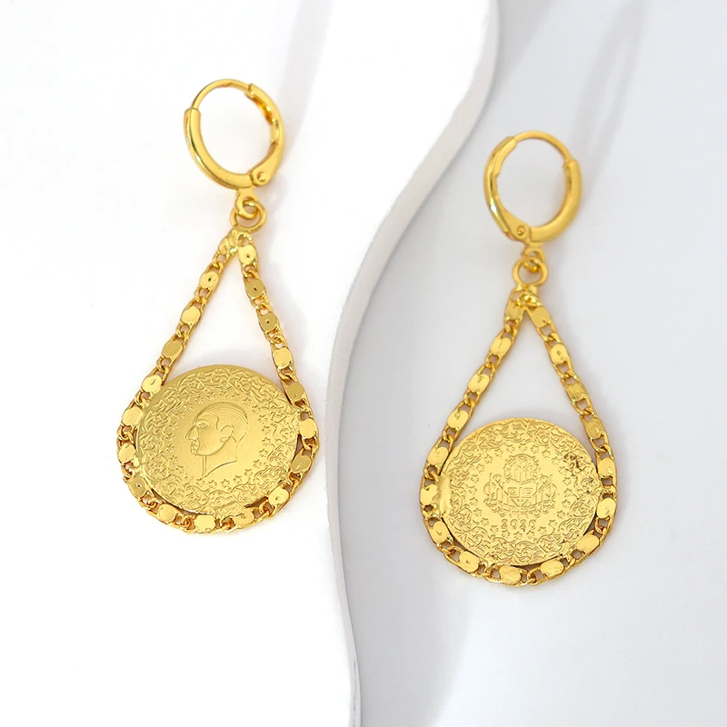 KDE Islam Muslim Ancient Coins Earrings Gold Color Arab Money Sign Turkish Allah Earring Middle Eastern Jewelry