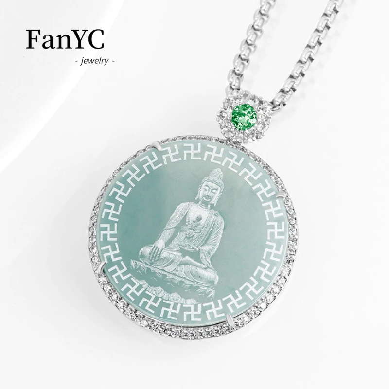 Natural Jadeite Blue Water Shadow Carving Buddha Pendant Silver Inlaid Exquisite Luxury Ice Jade Necklace Men Women Holiday Gift