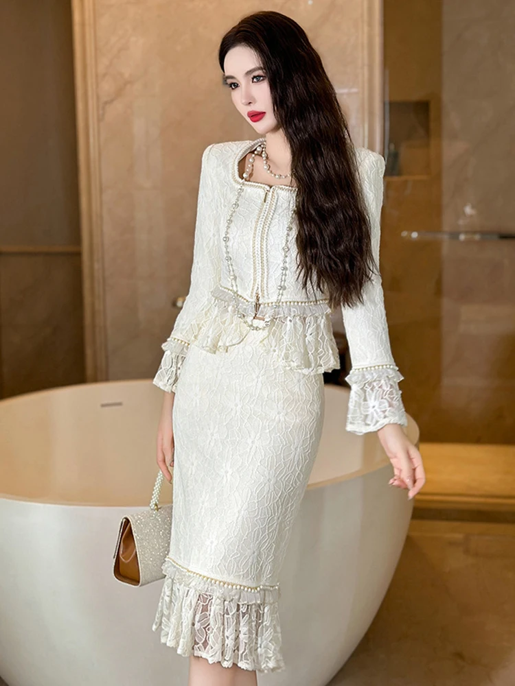 Mode dames dentelle luxe doux 2 pièces tenue femmes vêtements élégant bureau hauts chemise chemisier et jupe portefeuille hanche Mujer mince ensemble