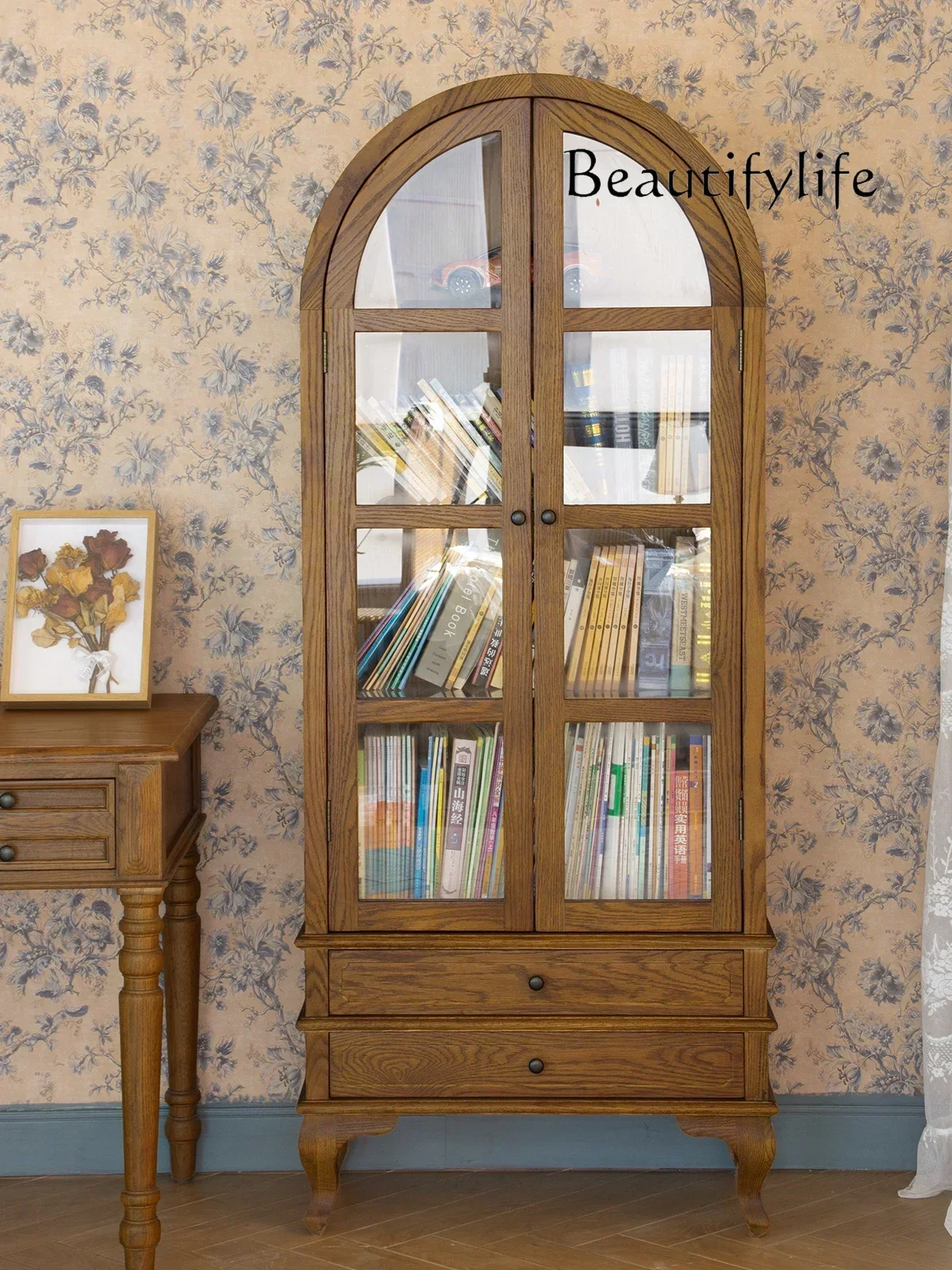 

American Country Dome Bookcase Solid Wood Antique Wine Cabinet