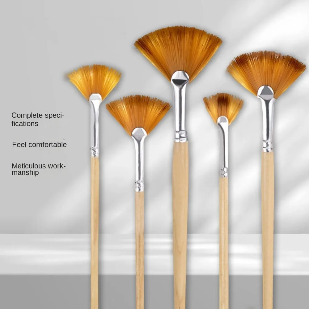 5pcs Acrylic Watercolor Paint Artist Fan Paint Brushes Painting Tool Nylon Hair Different Fan Shape Pens Brown Wooden