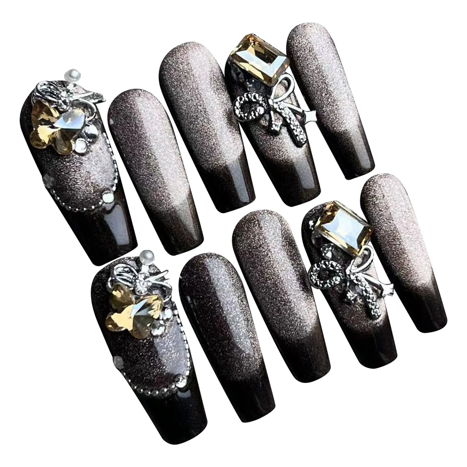 10pcs Handmade Press On Nails Gliiter Black French False Nails Tips 3D Metal Bows strass Designs Y2k Punk Style unghie finte