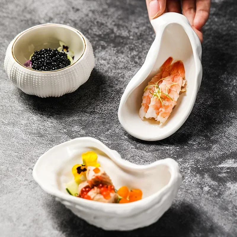 

Ceramic White Sea Urchin Plate Dessert Bowl Irregular Oyster Plate Restaurant Decoration Tableware Seasoning Bowl Spice Plate