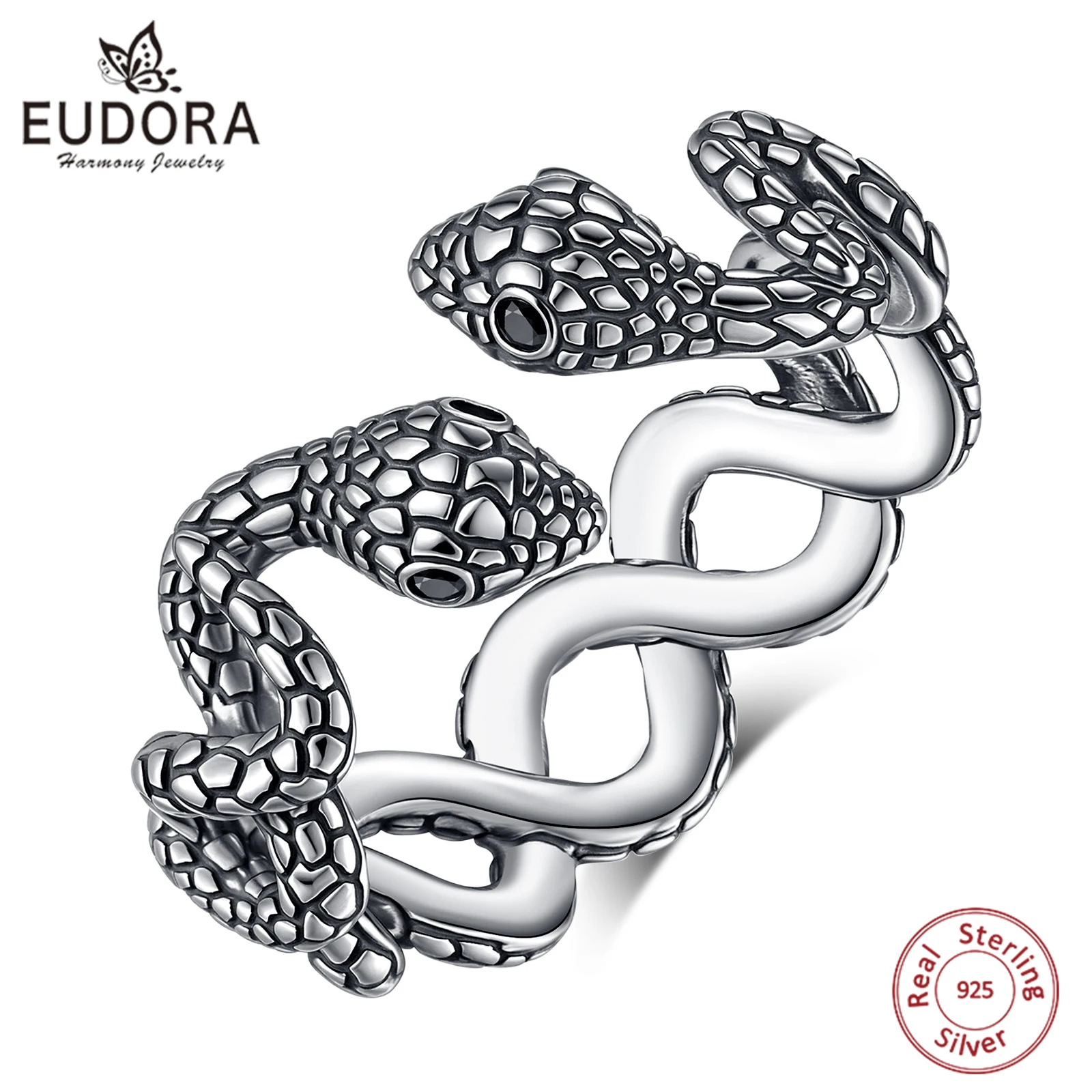 Eudora Verstellbarer Ring aus 925er-Sterlingsilber mit doppelter Schlange, schwarzer Zirkon, Retro-Texturen, Kobra-Ring, Wicca, heidnischer Schmuck, Geschenk für Männer
