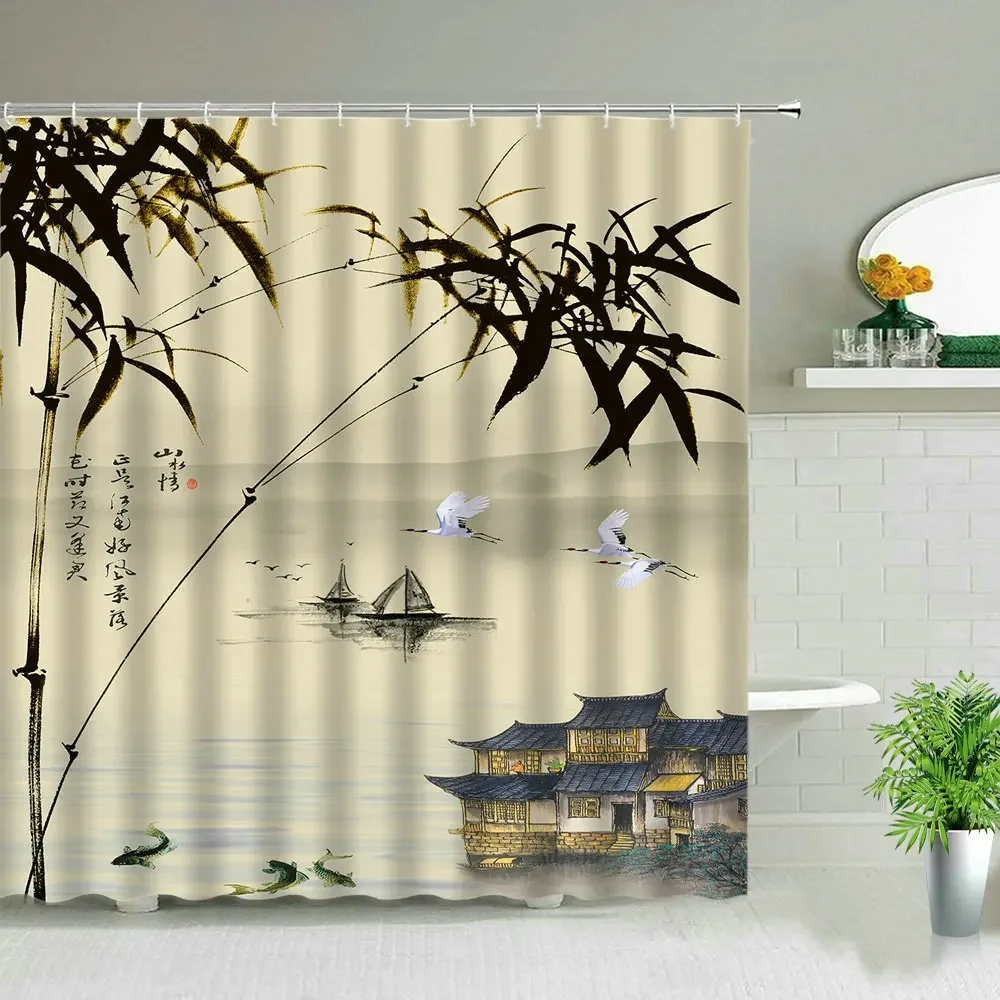 Chinese Style Ink painting Bamboo Landscape Shower Curtain Flower Bird Scenery Bathroom Waterproof Cloth Bath Curtains With Hook