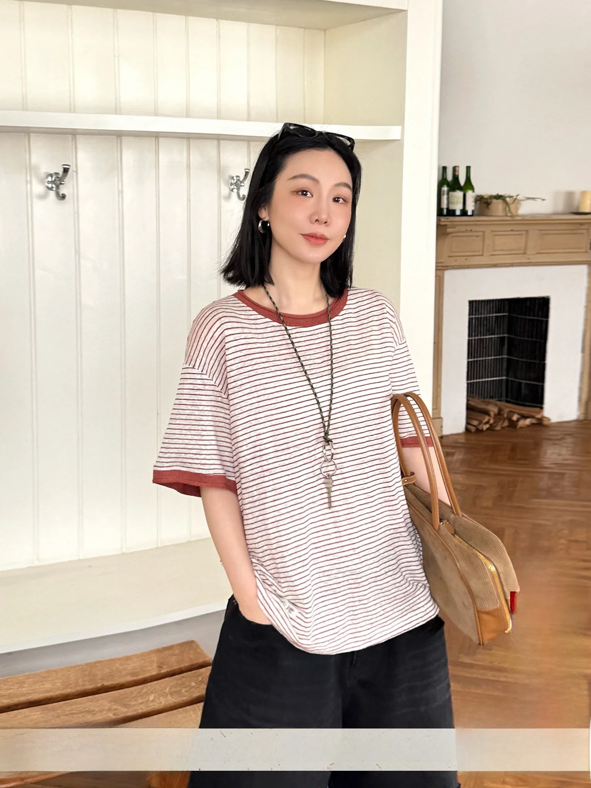 

Брендовая футболка с коротким рукавом, весна-лето, в полоску, повседневная, для города, прямого кроя, из смесового хлопка, Handpied Store