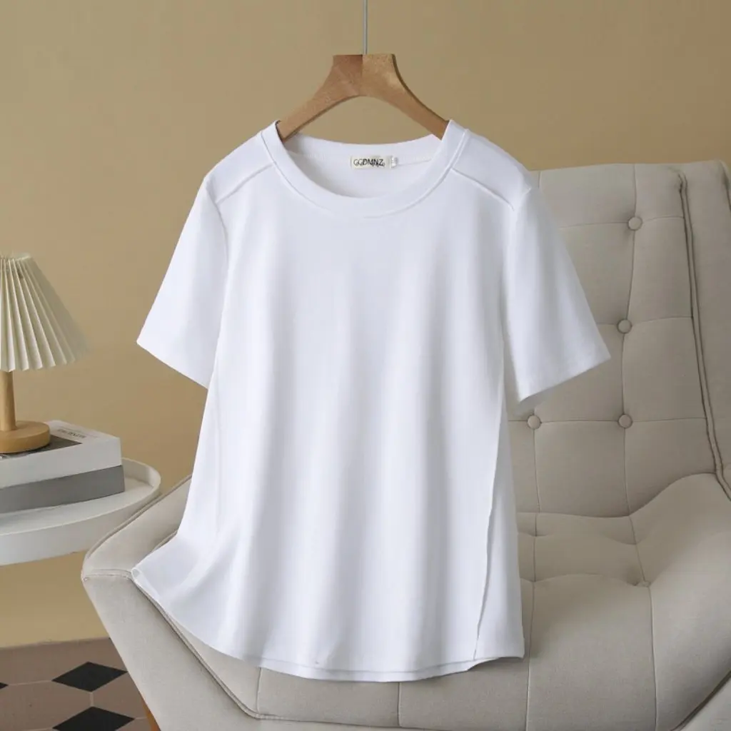 プラスサイズの女性の Tシャツ夏シンプルな半袖クルーネックプリーツストレッチトップ無地オールマッチインナーウェア 023