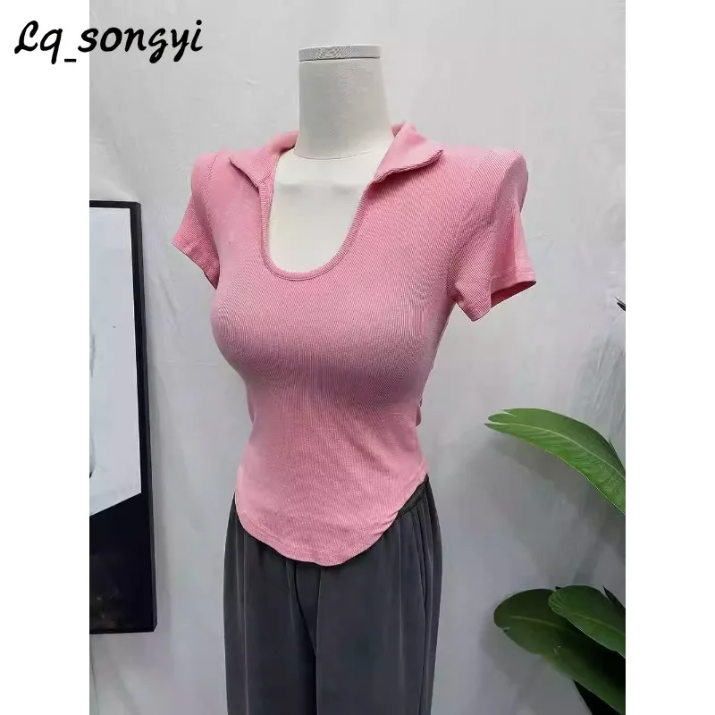 

Lq_songyi Basic U Neck T Shirts Slim Top Women Summer Short Sleeve Solid Tees Solid High Strecth Sexy Thin Tight T Shirt