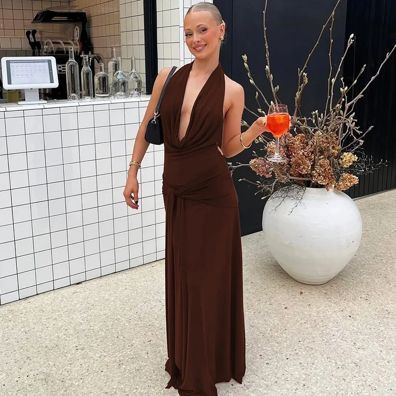 

Ticketsx Sexy Halter Neck Backless Dress Women V-Neck Ruched Bibbon Sleeveless Slim Long Dress Fashion Solid Party Evening Dress
