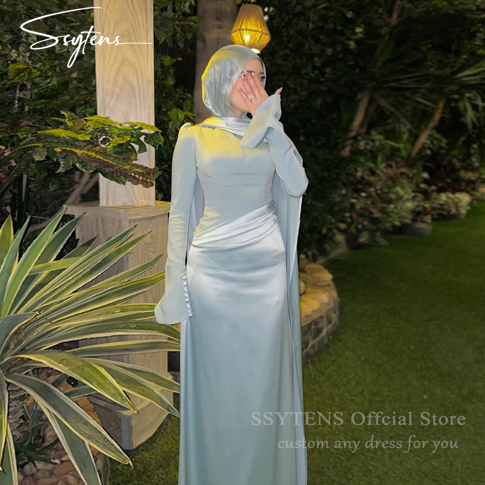 SSYTENS Modest Blue Evening Dresses Arabic O-Neck Satin Long Sleeves Saudi Wedding Prom Party Gowns Customized Robes de soirée