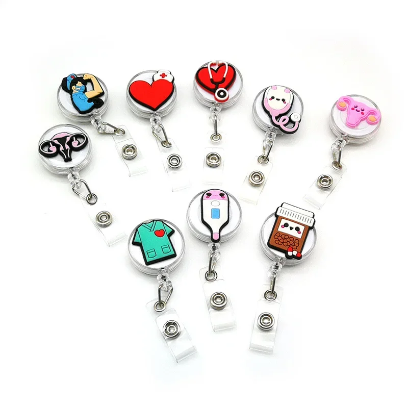 ID Tag Clip for Nurse Keychain Easy Pull Card Clips Retractable Medical Workers Badge Reel Cartoon Kawaii Reels