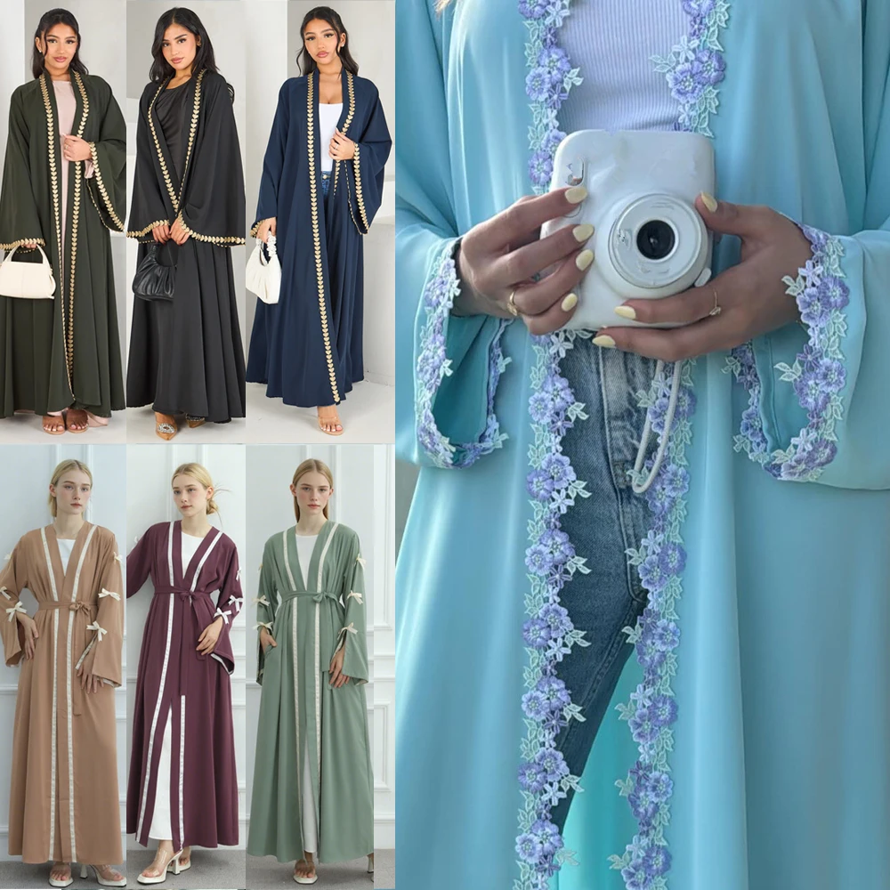 

Открытый цветок Абая Дубай Турция Кафтан Женское мусульманское платье макси с вышивкой Ид Мода Джалабия Исламский халат Рамадан Кафтан Кимоно