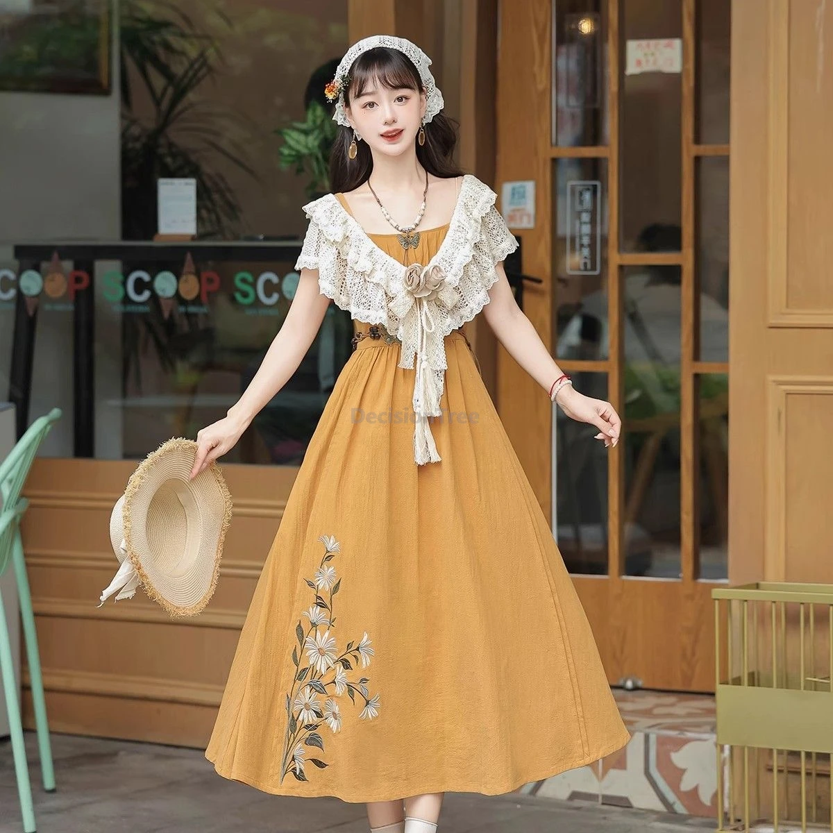 

2025 sweet elegant temperament chinese hanfu dress trendy pastoral style embroidery dress dainty versatile design knitted shawl