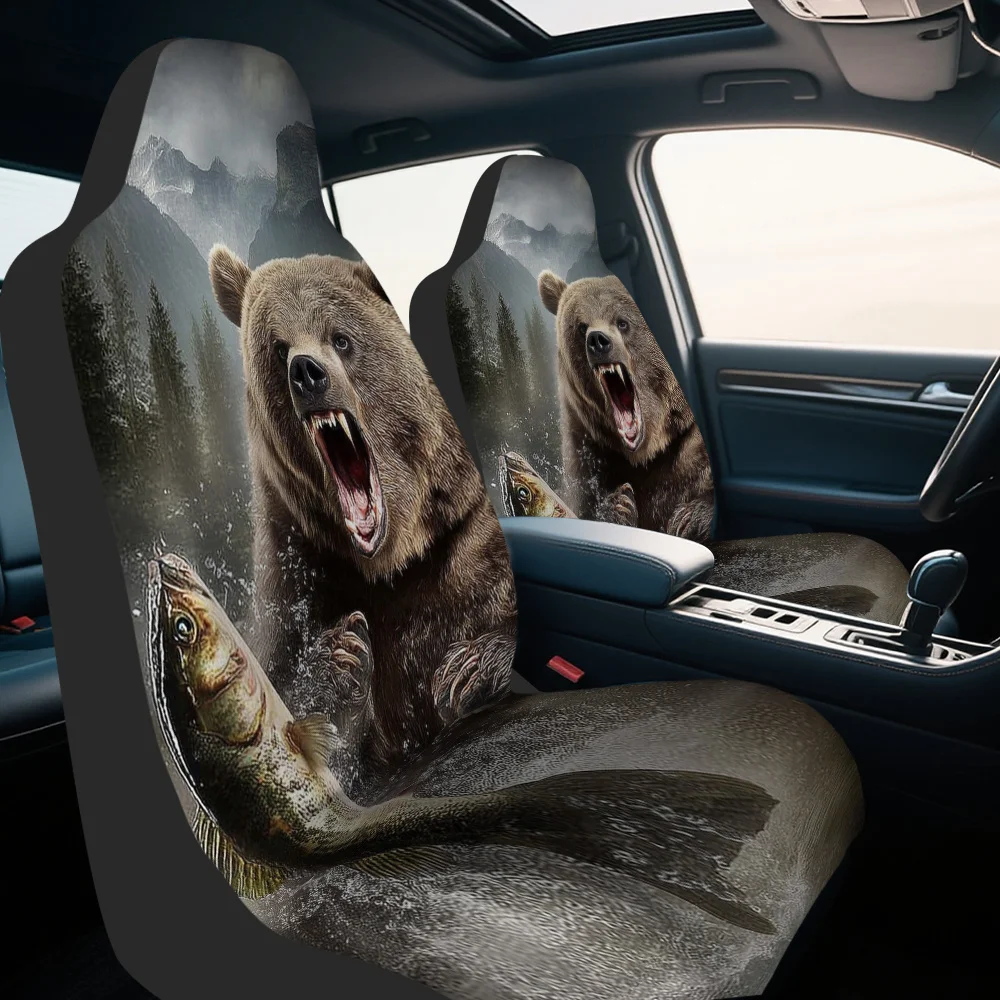Set Of 2, Grizzly Bear Fishing Wildlife Nature Artwork Front Protectors, Maintains Cleanliness Of Front Seats During Daily Use,