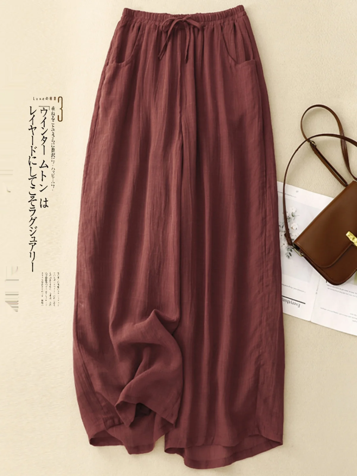 Pantalones de pierna ancha de cintura alta para mujer, falda holgada ajustada de lino y algodón elástico, pantalones informales rectos drapeados de doble capa para principios de otoño