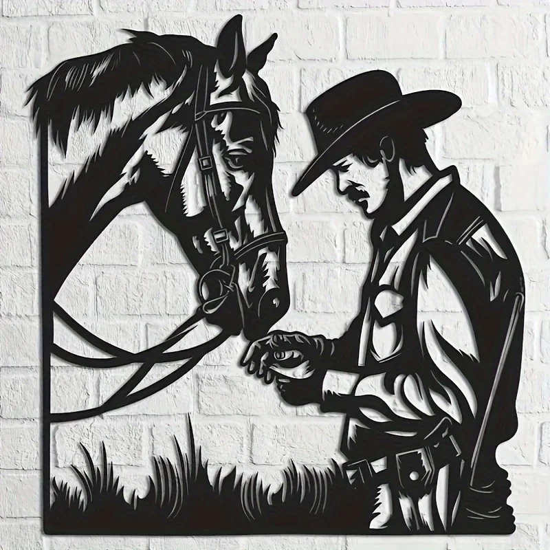 1pc Hand-Forged Western Cowboy & Horse Wall Art - Bronco Contour Metal Decor with Turquoise Inlay Accent, Rustic Geometric