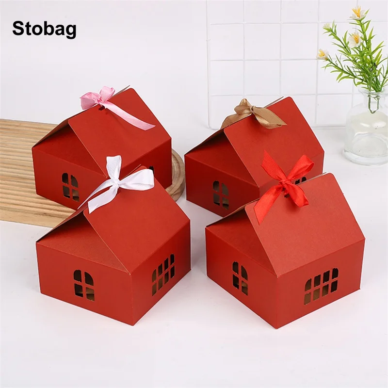 

StoBag 12pcs Red Kraft Paper Small House Candy Box Gift with Bow Kids Children Biscuit Packaging Storage Birthday Party Favor