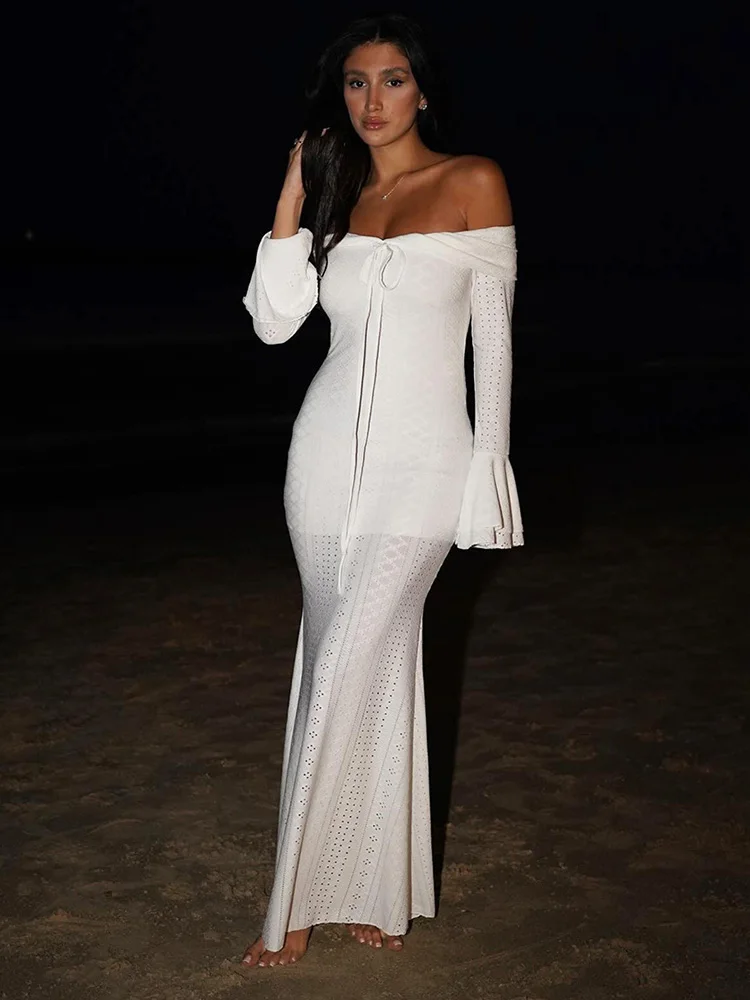 فستان Whatiwear بدون أكتاف بدون ظهر للنساء برقبة مائلة وأكمام واسعة وحفلات مأدبة منتصف الليل مكشكشة أنيقة طويلة