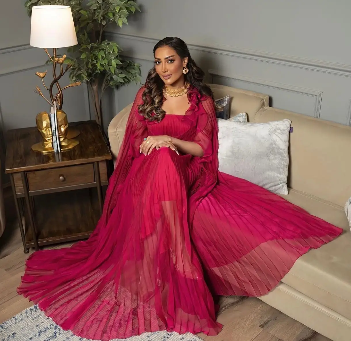 Couture Fuchsia Folds Chiffon Long Evening Dresses With Cloak Sleeves Elegant Arabic Long Robe Kaftan Ruffles Trimmed Prom Gowns