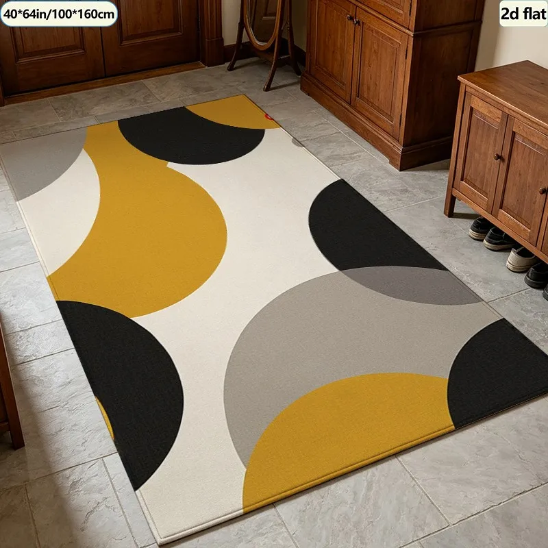 Mid Century Overlapping Circle Carpet Flooring, Mustard Yellow Black Grey Abstract Area Rug Non‑Slip Floor Mat for Bedroom Office Home Decor