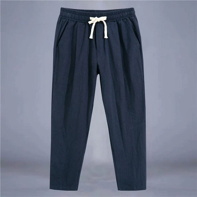 

Trendy Linen Cotton Casual Pants Men Summer Loose Breathable Straight Leg Thin Pure Color Cuffed Nine Points Pants