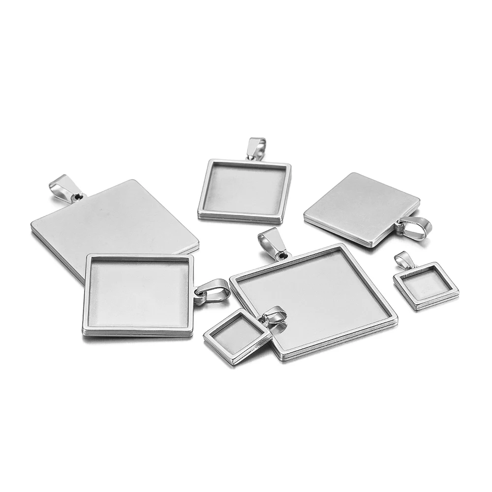 5Pcs Stainless Steel 10 15 20 25 30mm Square Cabochon Cameo Base Tray Bezel Blank Setting Supplies for Jewelry Making Pendant