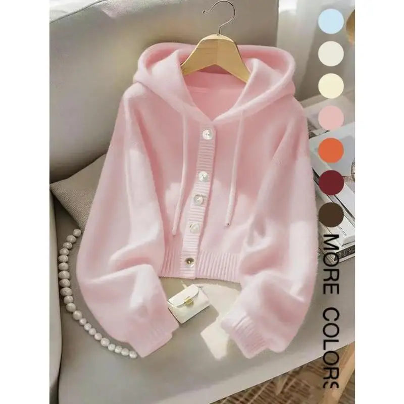 

Cross-Border New Autumn Winter Hooded Knitted Open Cardigan High Quali Coolmax Fiber Women's Collar Nine-Quarter Sve