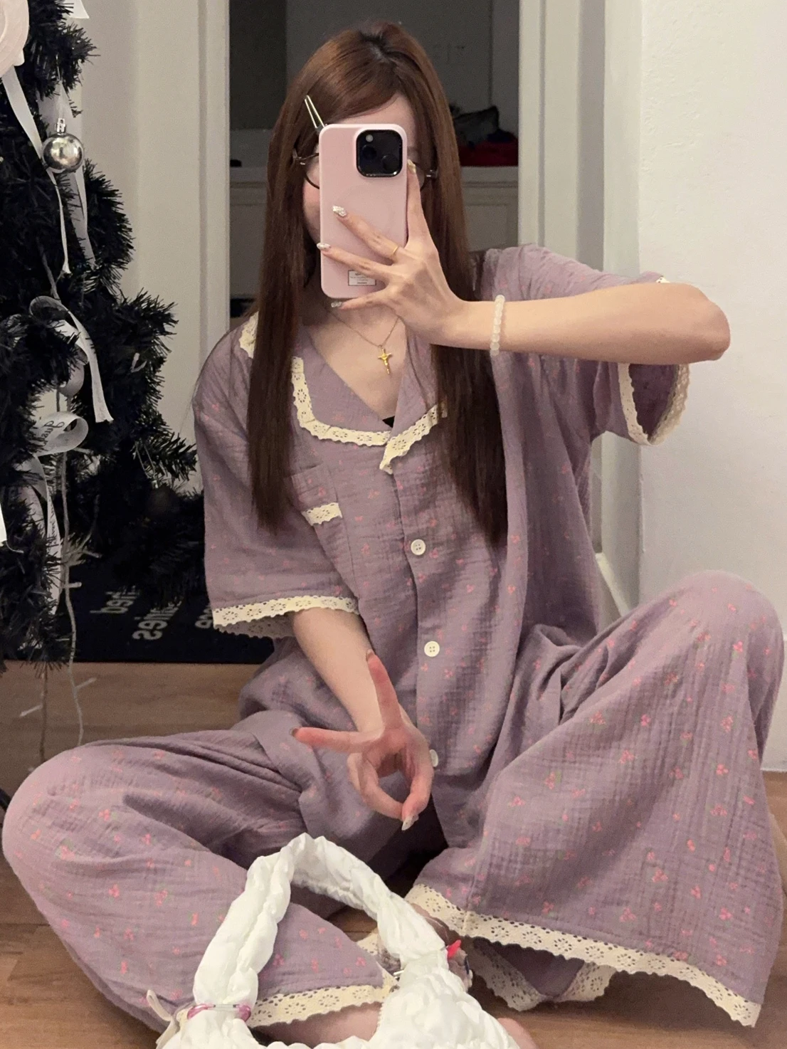 

Летний новый комплект домашней одежды для женщин: хлопковая ночная сорочка с цветочным принтом, с коротким и длинным рукавом, из тюля с кружевной отделкой, комфортный и дышащий