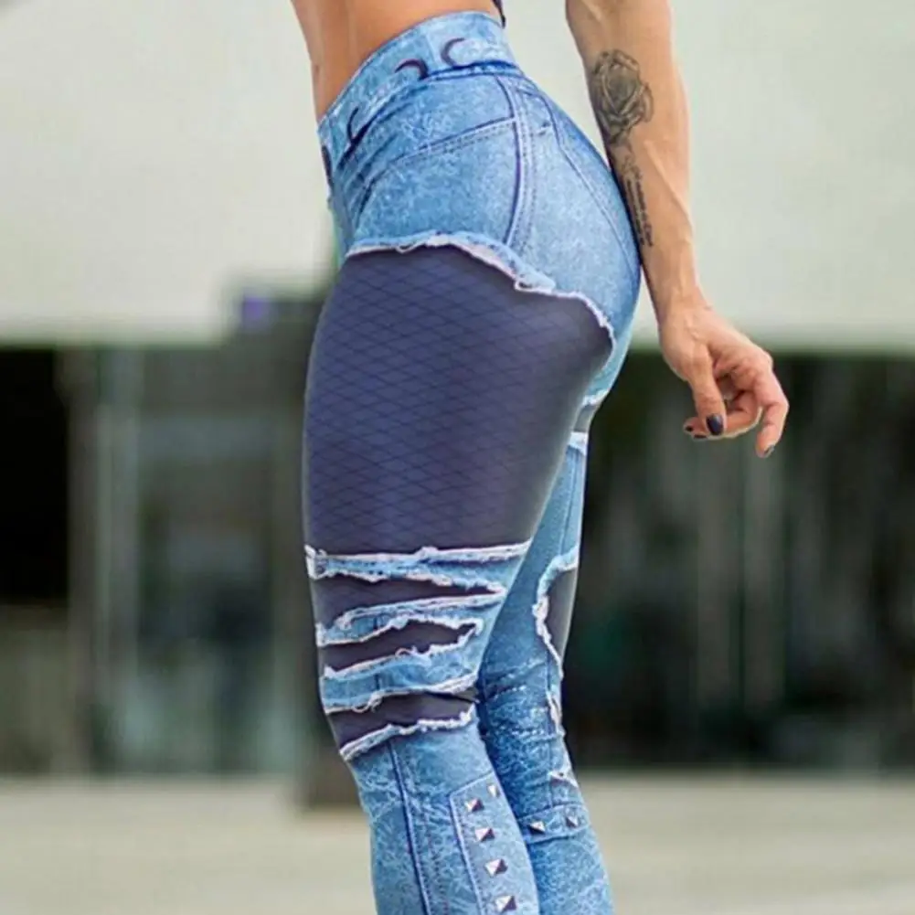 High Waist Mesh Stitching Ripped Holes Fitness Leggings Push Up Imitation Jeans Skinny Women Yoga Pants abaya traf camisas