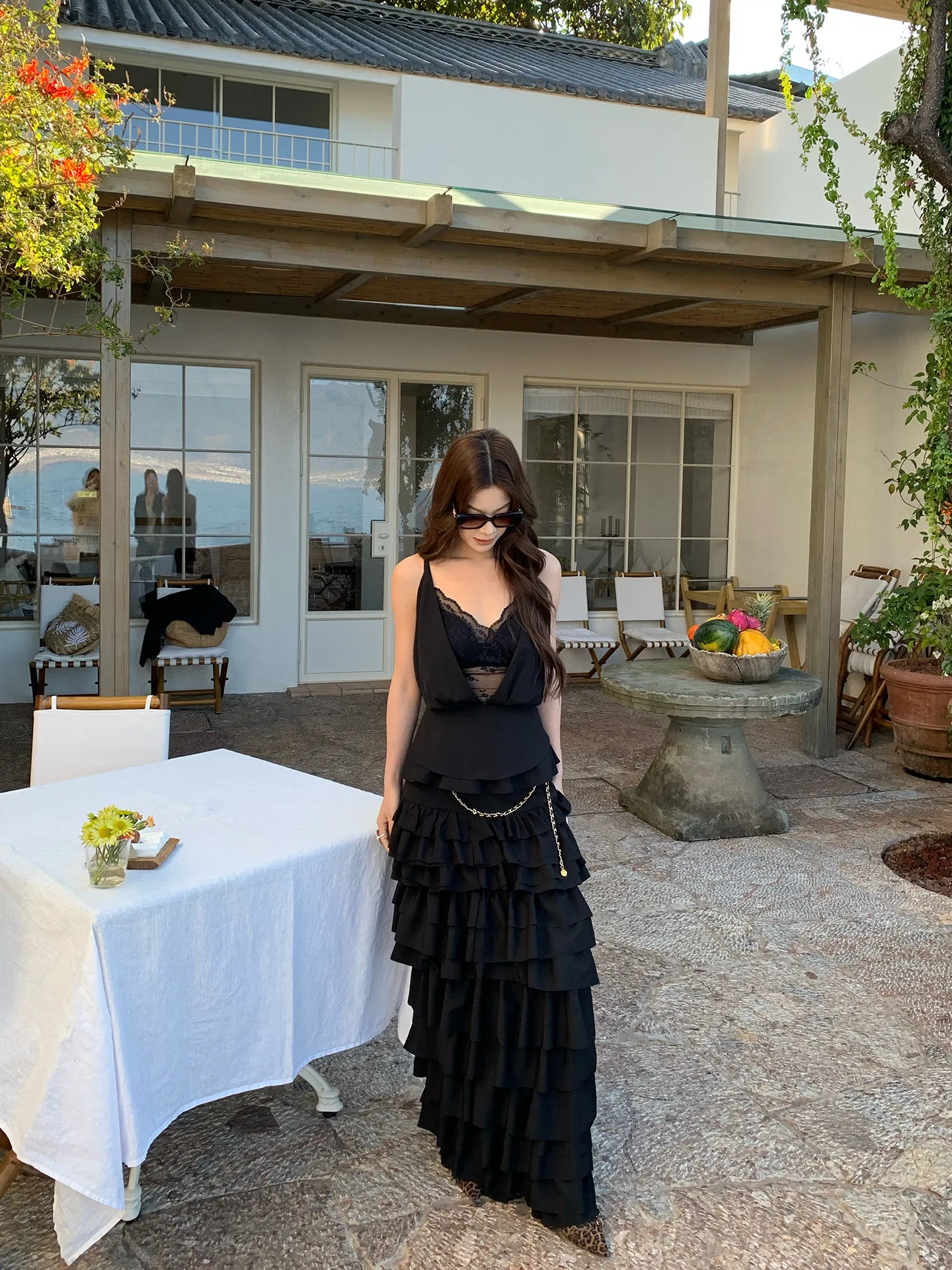 【MAR】Women Spring Summer Tie Waist Vest Laser Burnout Layered Cake Skirt Two Piece Set