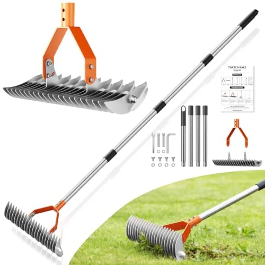 

Thatch Rake for Lawn with 68" Adjustable Handle 15" Heavy Duty Dethatcher Rake for Lawn Thatching Rake with Dual-Action Tines D