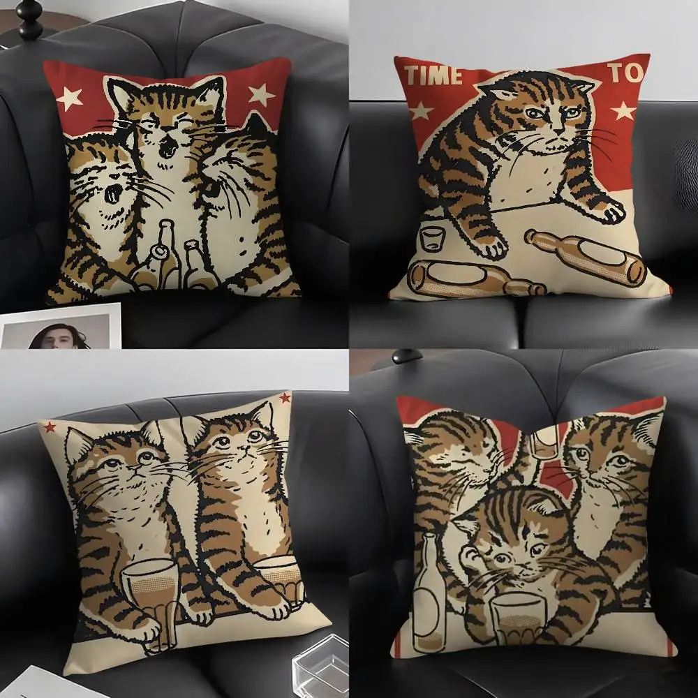 Cheers Drunk Cats Pillow Case Home Dorm Chair Back Short Plush Double-sided Printing Office Nap Time Cushion Cover