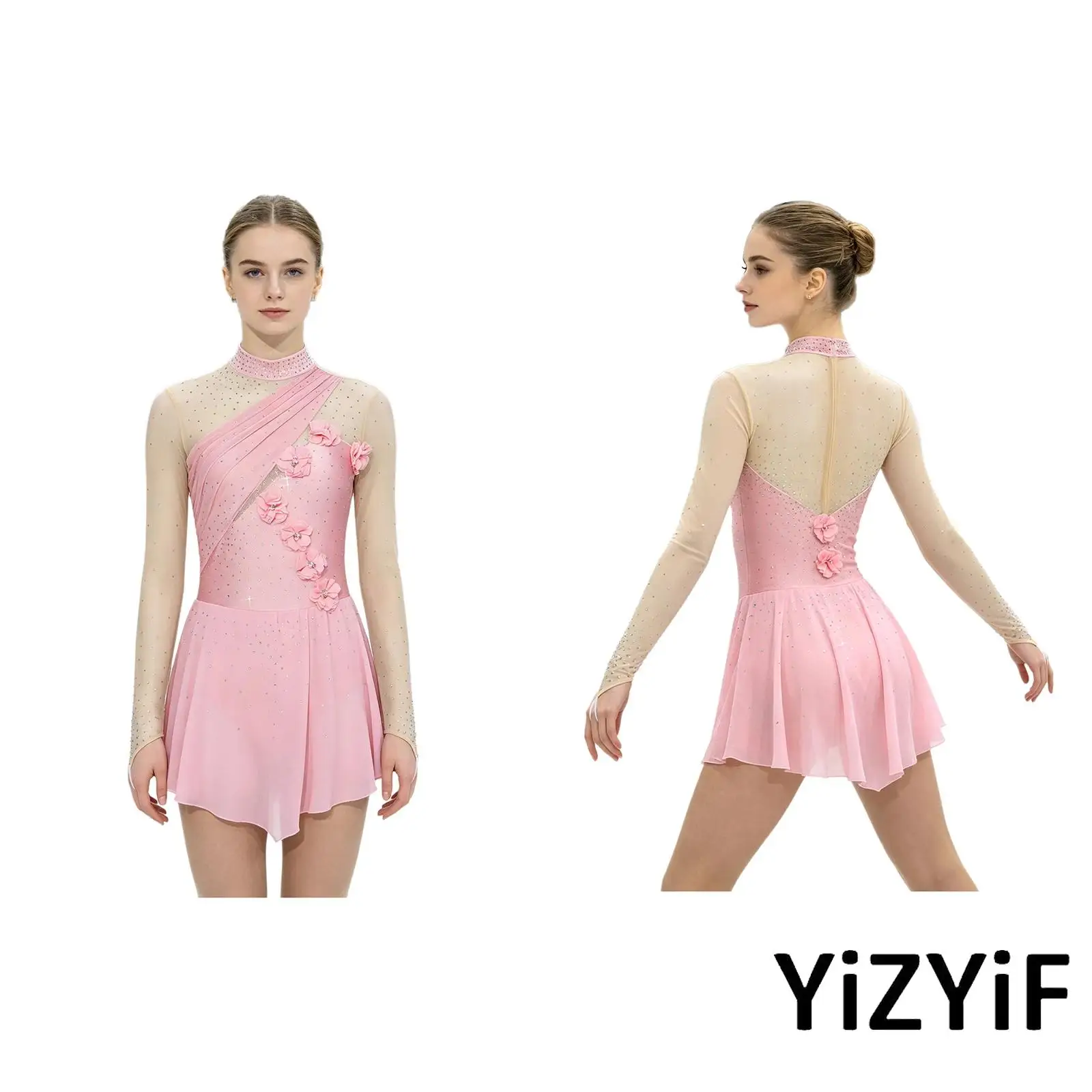 

Women Figure Skating Bodysuit Dress 3D Flower Applique Rhinestones Long Sleeve Ballet Latin Dress for Gymnastics Class Practice
