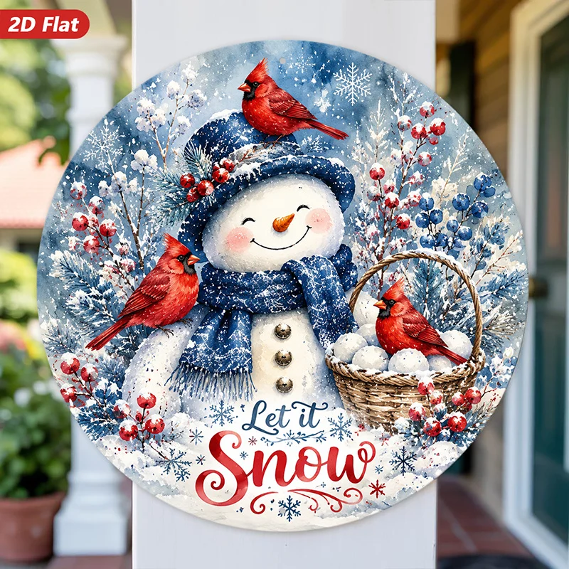 2D Flat, 1pc Snowman Cardinal Winter Round Metal Sign Wall Art, 