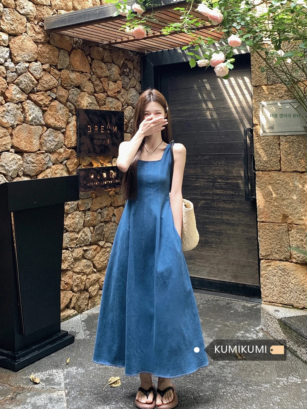 Kumikumi Gyaru Blue Washed Denim Sling One piece Dress Women clothing Summer Slim fit Waist Hugging A- line Skirt Long dress