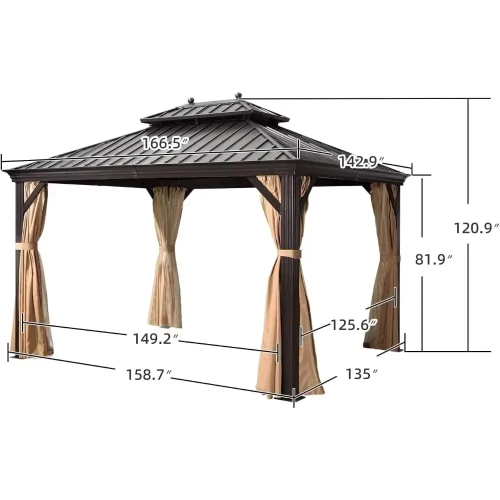 12' x 14' Hardtop Gazebo Outdoor Metal Roof Sun Shade Tent with Curtains and Netting Patio Canopy Permanent Pavilion