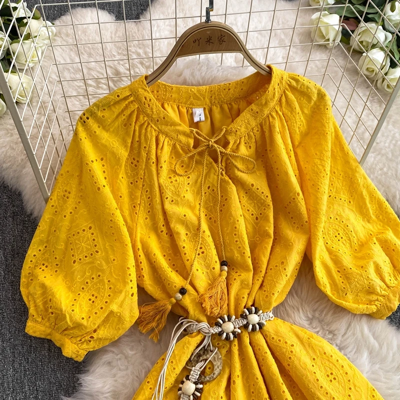 2025 Summer Party Dress French Loose V-Neck Middle Sleeve Yellow Dress
