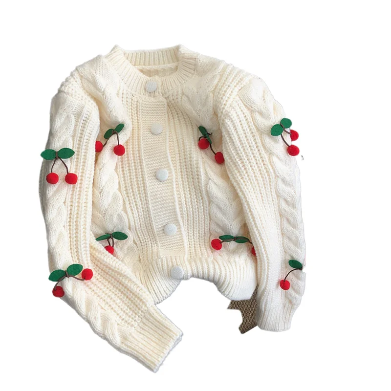 

Sweet Cherry Knitted Sweater 2024 Autumn/Winter New Women's Round Neck Long Sleeve Thickened Short cardigan Loose Lazy Style Top