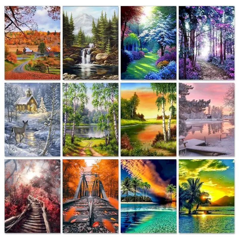 

GATYZTORY Four Seasons Paint By Numbers Landscapes Drawing Canvas Acrylic Painting By Numbers Lack For Adults Home Wall Deco