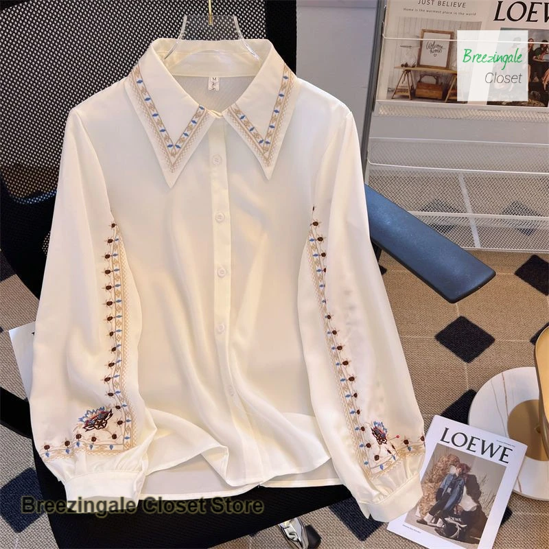 

French national style embroidered long-sleeved shirts women's spring and autumn new embroidery design loose shirts and tops