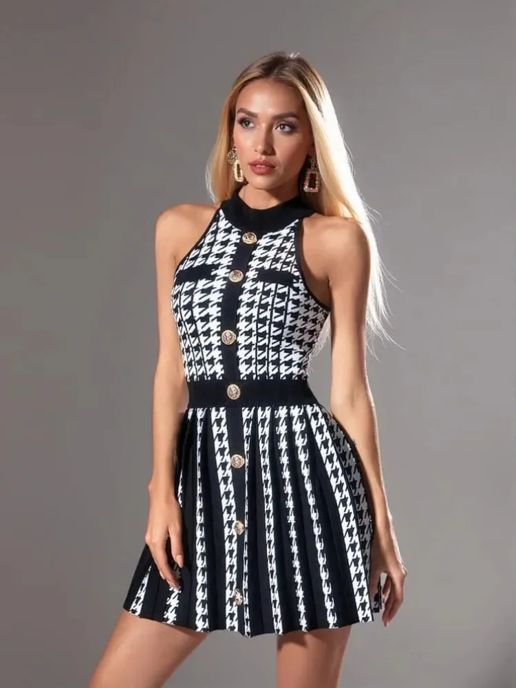 Luxury Brand Design 2026 Women Sexy Sleeveless Tank Elegant Mini Dress Vintage Knitted Bodysuit Vestido Chic Button Lady Clothes