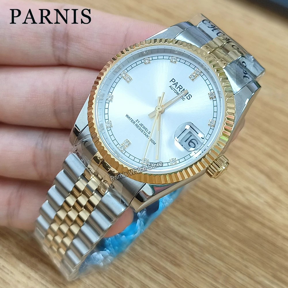 

Parnis 36mm Silver Gold Miyota Automatic Mechanical Watches Men Women Lovers Elegant Diamond Stainless Steel Bracelet Wristwatch