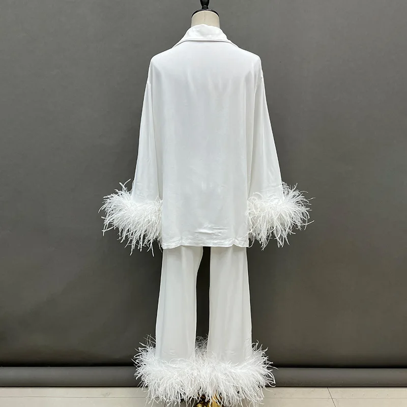 Women Big Feather Pajamas Sets 2024 Spring Summer Lady Natural Ostrich Feather Suit S5385