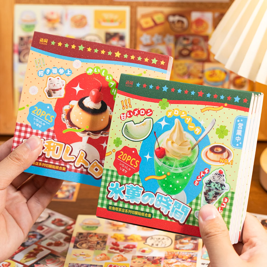 

20/40pcs Die-Cut Sticker Book - Japanese Food & Dessert Vintage Showa Style，Glitter Matte Finish，School Stationery supplies